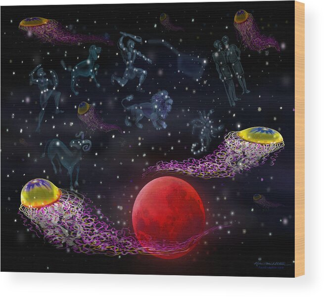 Space Wood Print featuring the digital art Space Jellyfish by Kevin Middleton