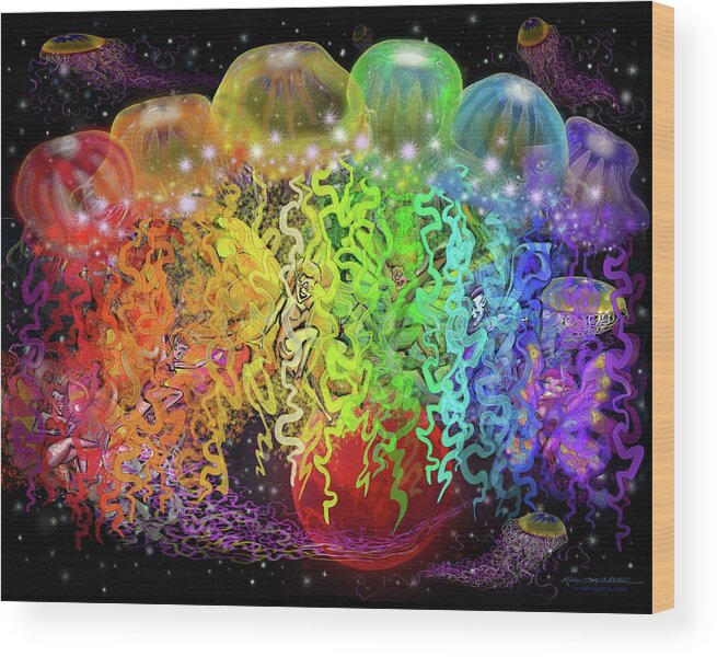 Space Wood Print featuring the digital art Space Pixies n Jellyfish by Kevin Middleton