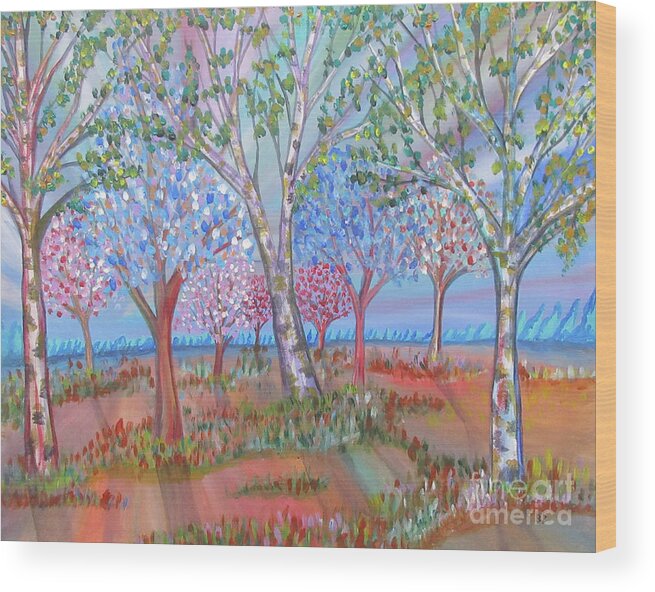 Landscape Trees Spring Birch Colourful Ontario Canada Lobby Office Abstract Realism Wood Print featuring the painting Spring Is In The Air by Bradley Boug