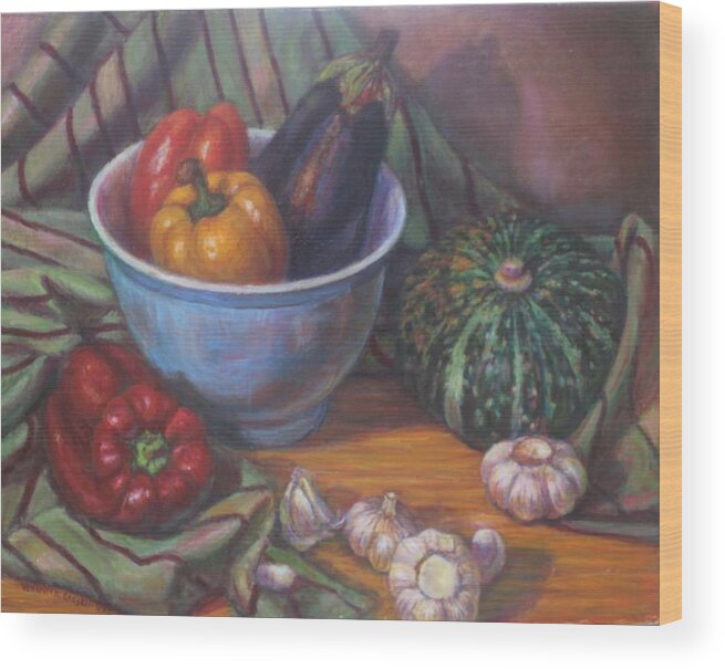 Food Wood Print featuring the painting Still Life With Blue Bowl by Veronica Cassell vaz