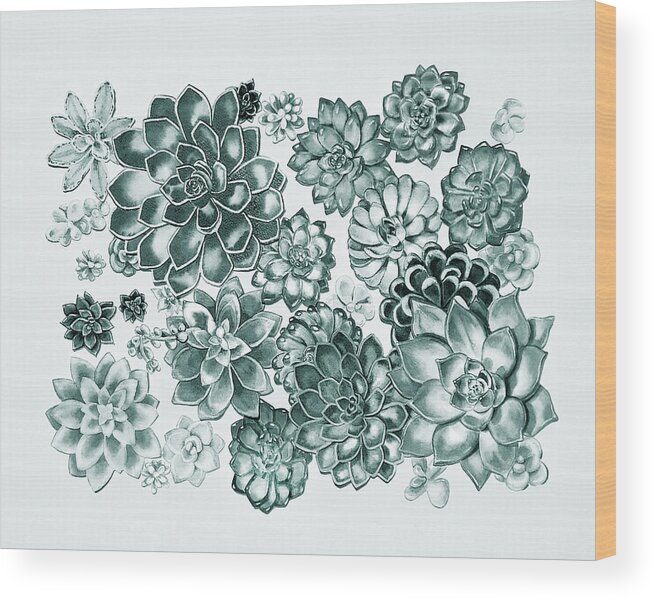 Succulent Wood Print featuring the painting Succulent Plants Wall Contemporary Garden Design In Teal Blue  by Irina Sztukowski