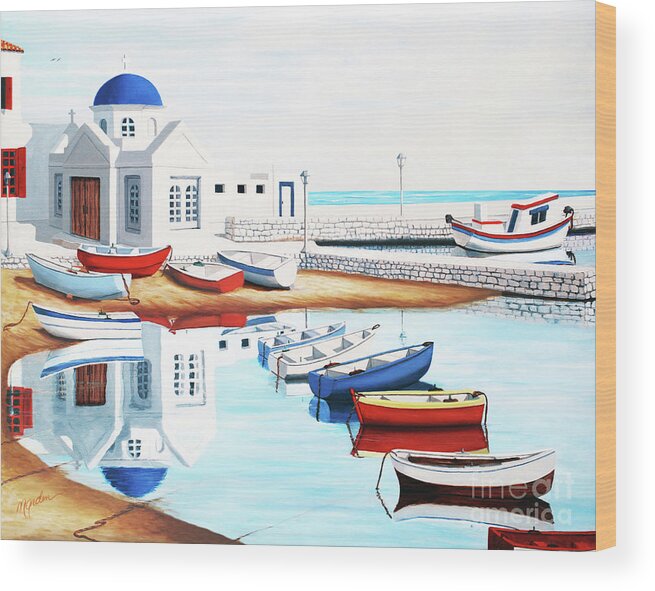 Mykonos Wood Print featuring the painting SUNDAY, MORNING, MYKONOS BAY - Prints of Oil Painting by Mary Grden
