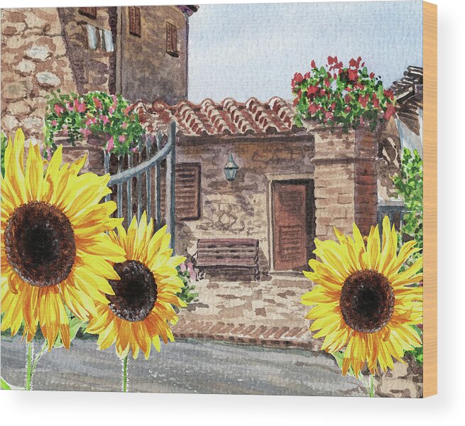 Sunflowers Wood Print featuring the painting Sunflowers Of Tuscany Italy Vintage Town House In The Hills Watercolor by Irina Sztukowski