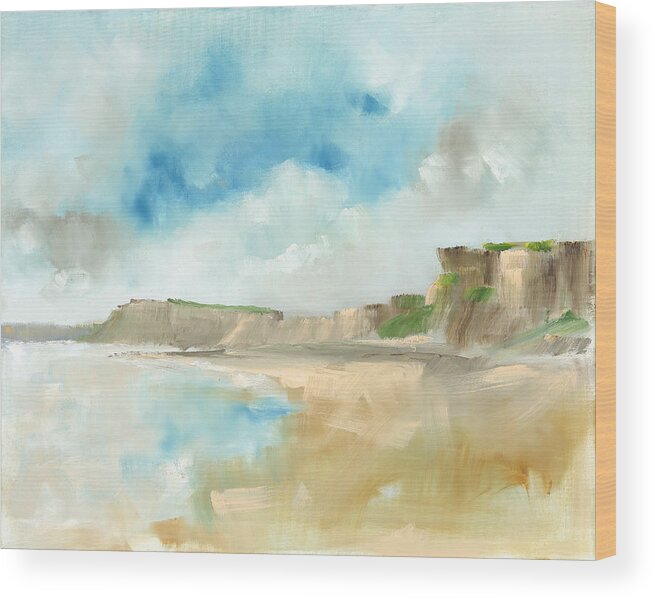 Beach Wood Print featuring the painting Sunlight on Tresilian Cliffs by Roger Clarke