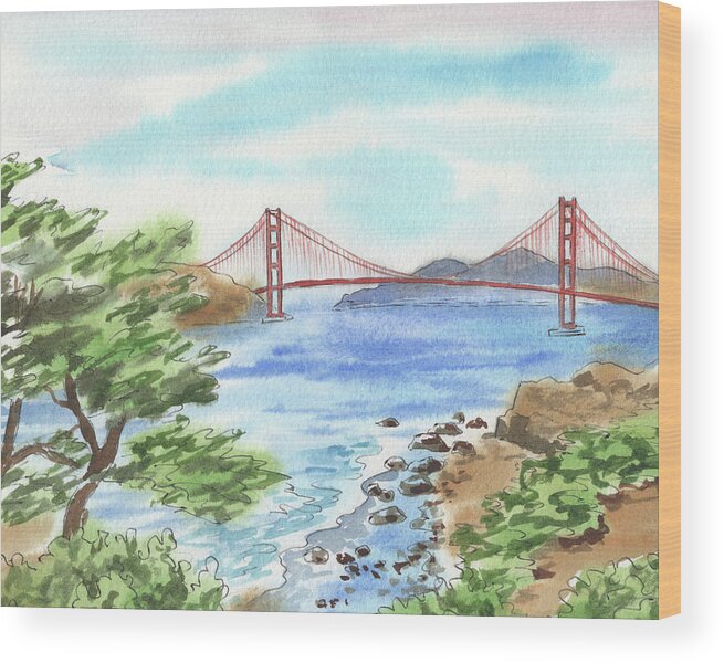 Golden Gate Wood Print featuring the painting Sunny Day In San Francisco Bay Golden Gate Bridge Watercolor by Irina Sztukowski