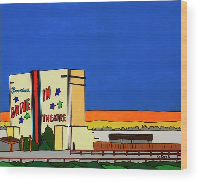 Sunrise Drive-in Valley Stream Movies Wood Print featuring the painting Sunrise Drive In by Mike Stanko