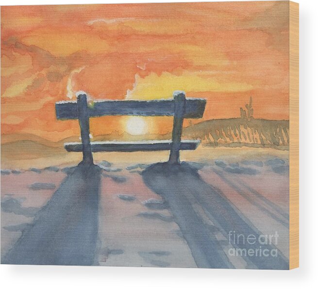 Sunrise Wood Print featuring the painting Sunrise on Snowy Bench by Vicki B Littell