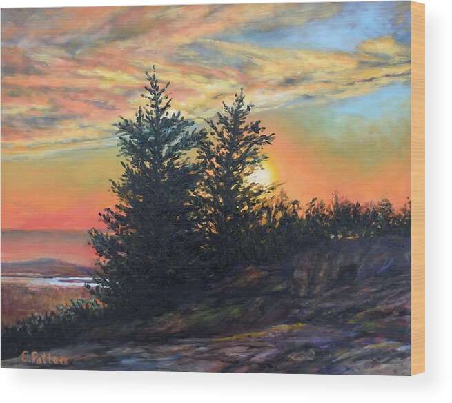 Maine Wood Print featuring the painting Sunset, Cadillac Mountain, Acadia National Park by Eileen Patten Oliver