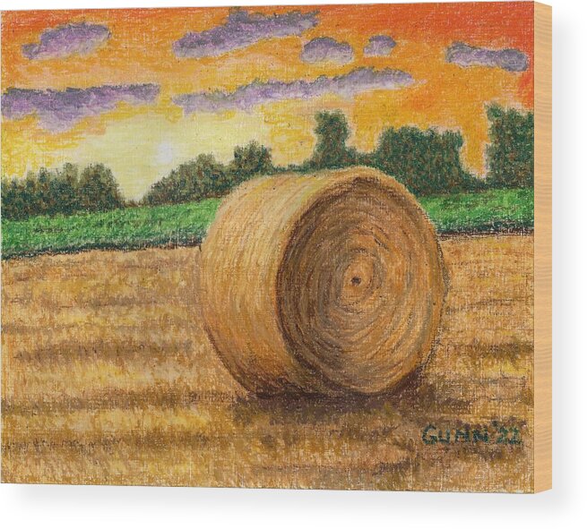 Sunset Wood Print featuring the pastel Sunset Over the Hayfield by Katrina Gunn