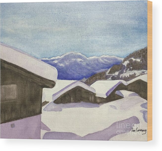 Snow Wood Print featuring the painting Swiss Skiing Village by Sue Carmony