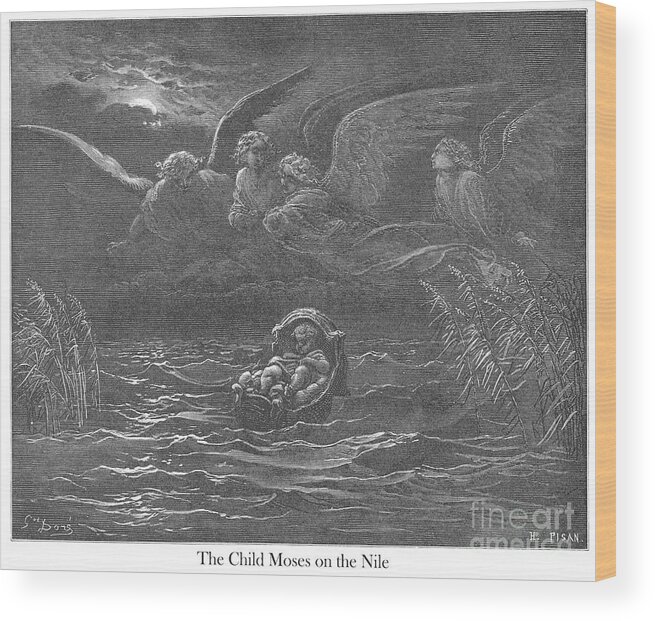 Child Wood Print featuring the drawing The Child Moses on the Nile by Gustave Dore v1 by Historic illustrations