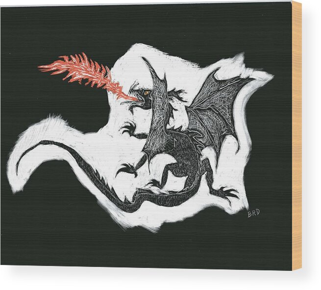 Dragon Wood Print featuring the drawing The Dragon by Branwen Drew