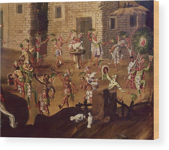 17th Century Wood Print featuring the painting The Flying Mast. Native people dancing. El Palo Volador. Mexican folding screen. 17th. by Album
