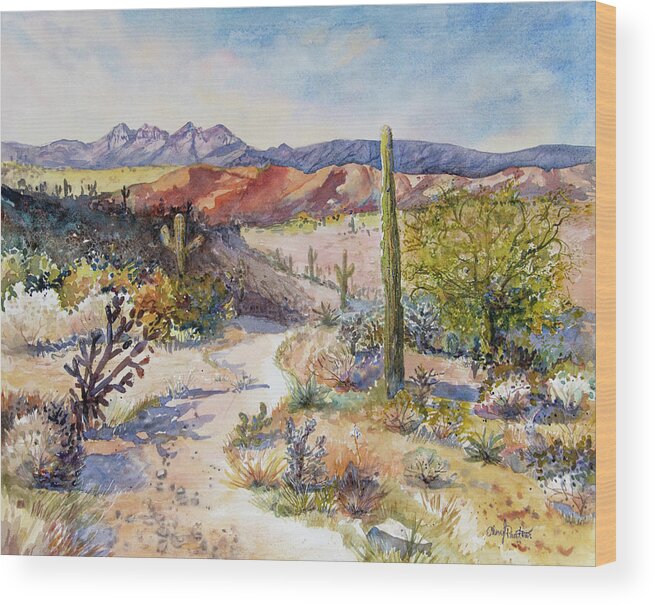 Desert Landscape Wood Print featuring the painting The Four Peaks In Arizona by Cheryl Prather
