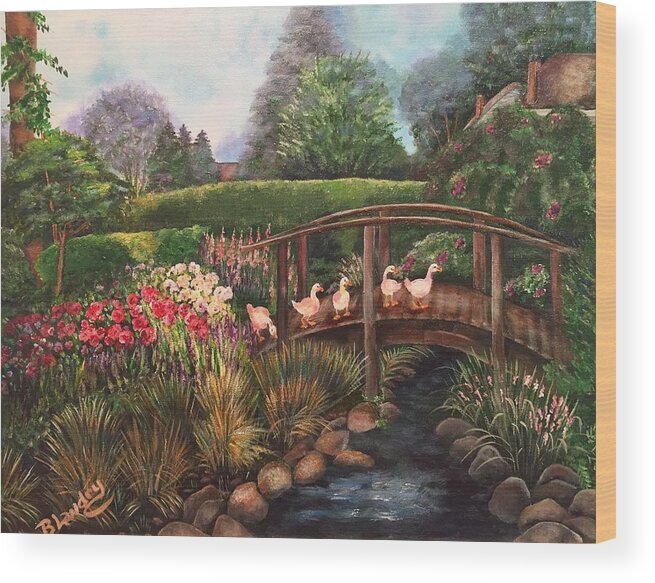 Garden Wood Print featuring the painting The Garden Bridge by Barbara Landry