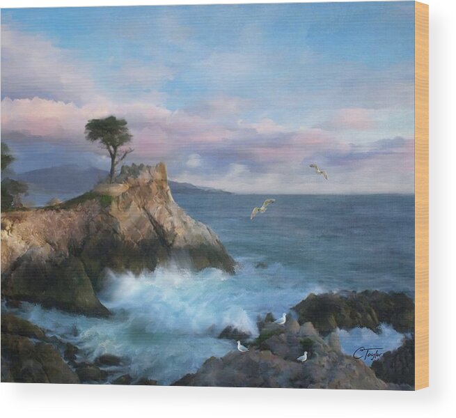 Cypress Point Wood Print featuring the mixed media The Lone Cypress at Cypress Point by Colleen Taylor