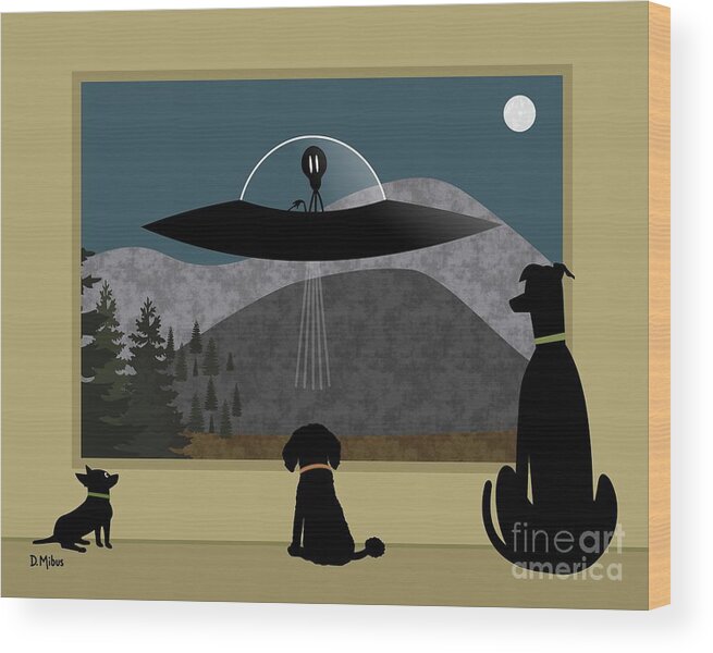 Black Dog Wood Print featuring the digital art Three Dogs Spy Alien Aircraft by Donna Mibus