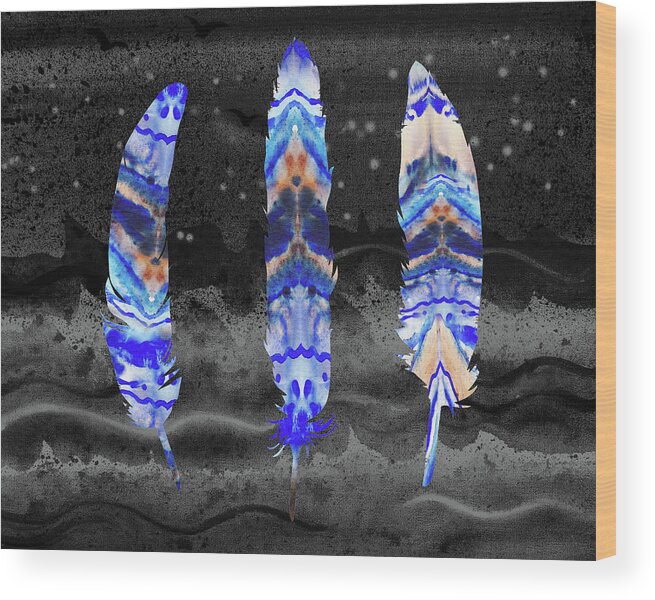 Feather Wood Print featuring the painting Three Watercolor Feathers At Night by Irina Sztukowski