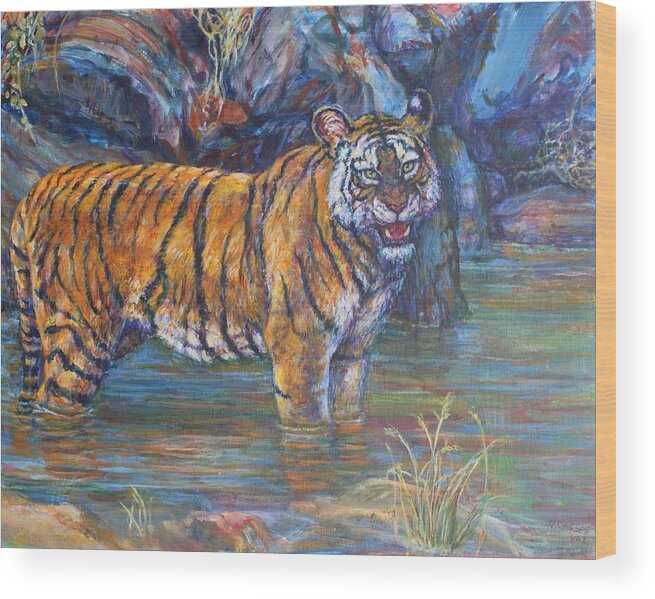 Tiger Wood Print featuring the painting Tiger In Cool Water by Veronica Cassell vaz