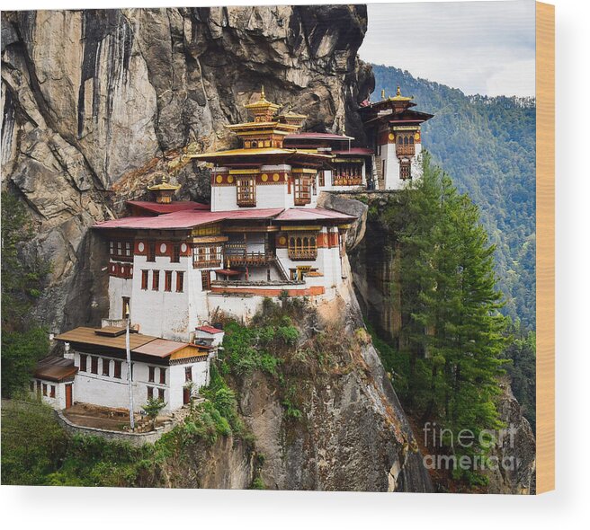 Taktshang Goemba Wood Print featuring the photograph Tiger's Nest Temple Bhutan by Steven Liveoak