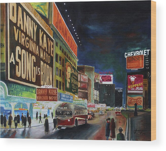 Times Square Wood Print featuring the painting Times Square, 1948, around Christmas by Dan Haraga