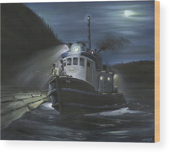 Tugboat Wood Print featuring the painting Tugboat at Night by Scott Dewis
