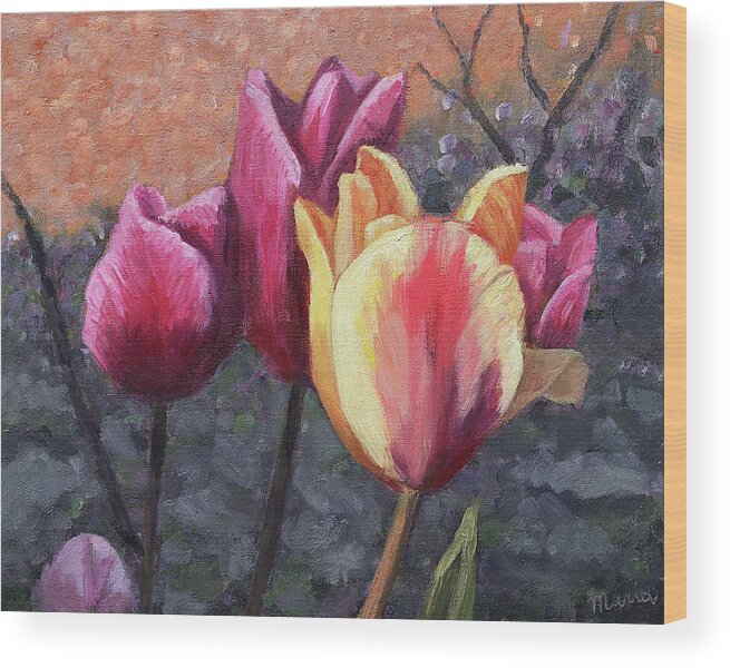 Tulip Wood Print featuring the painting Tulips in the Garden by Maria Meester