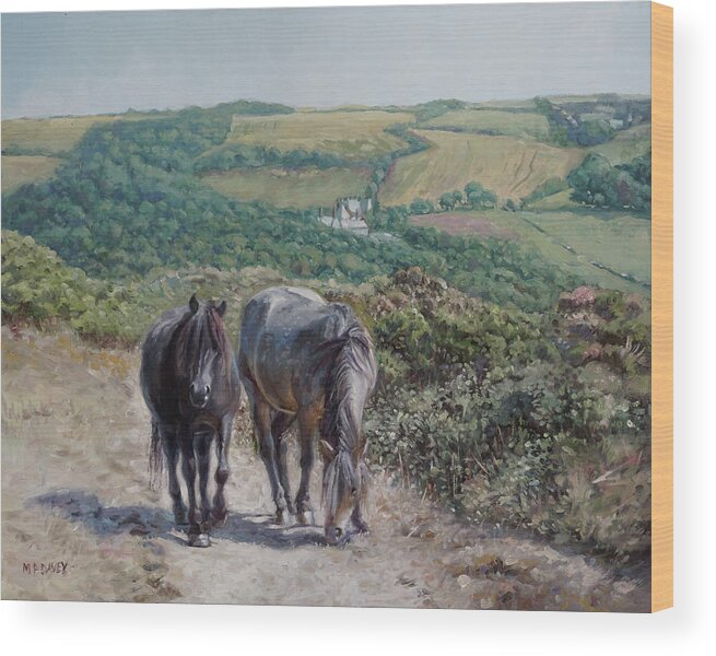 Horses Wood Print featuring the painting Two horses on Devon coastal path by Martin Davey