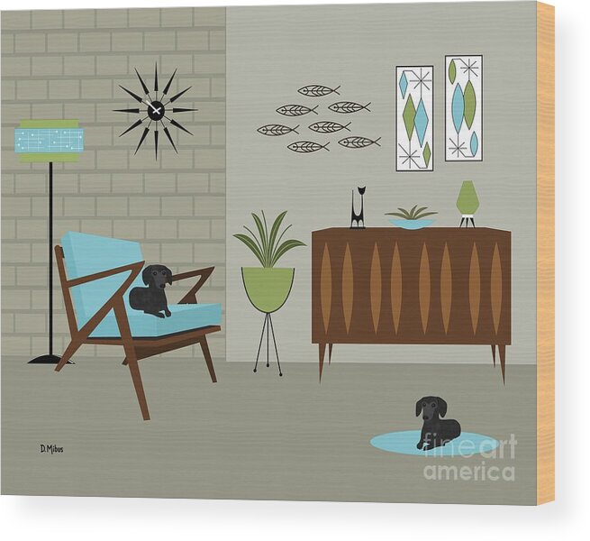 Mid Century Dog Wood Print featuring the digital art Two Mid Century Black Dachshunds by Donna Mibus