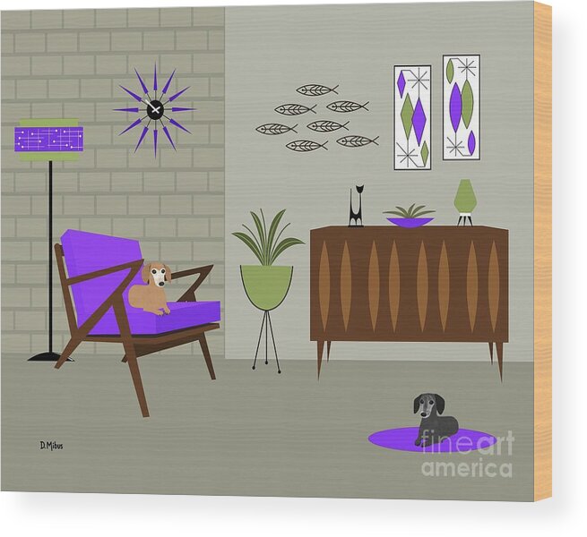Mid Century Modern Dachshunds Wood Print featuring the digital art Two Mid Century Dachshunds in Purple Room by Donna Mibus