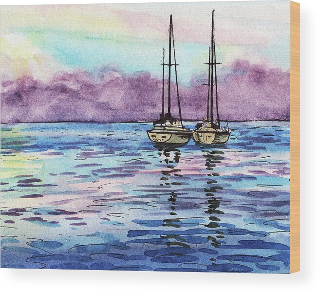 Boats Wood Print featuring the painting Two Sailboats Resting In The Ocean Purple Clouds Watercolor Beach Art by Irina Sztukowski