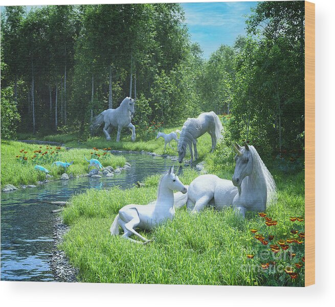 Unicorn Herd Pastoral Wood Print featuring the digital art Unicorn Herd Pastoral by Two Hivelys