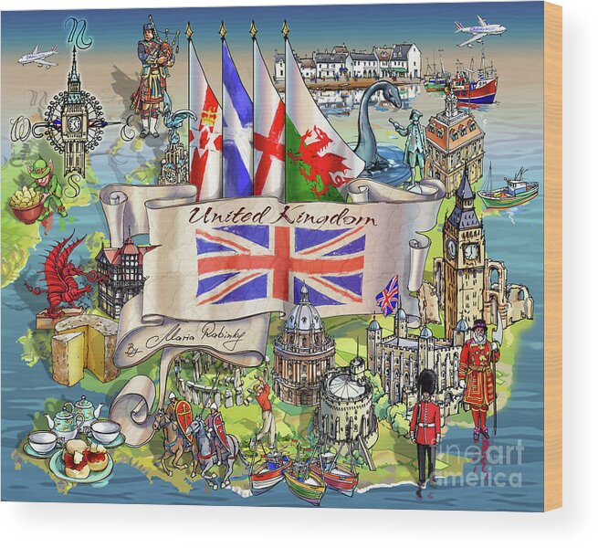 United Kingdom Wood Print featuring the digital art United Kingdom Illustration by Maria Rabinky