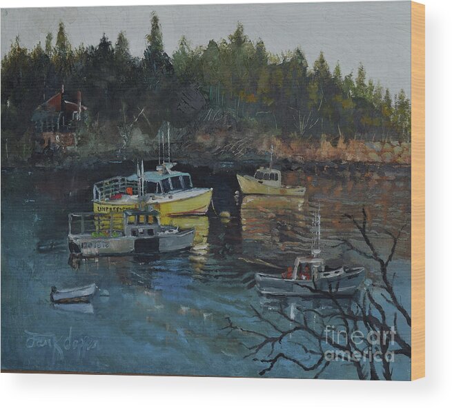 Lobster Boats Wood Print featuring the painting Unpredictible Birch Harbor-Darker Version by Jan Dappen