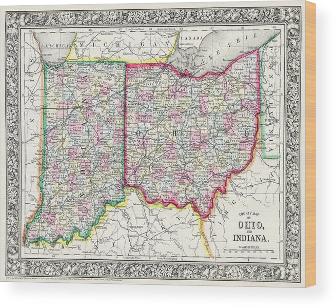 Indiana Wood Print featuring the photograph Vintage County Map of Ohio and Indiana 1863 by Carol Japp