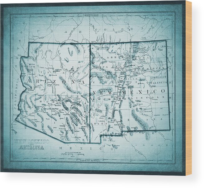 New Mexico Wood Print featuring the photograph Vintage Map New Mexico and Arizona 1875 Cool Blue by Carol Japp
