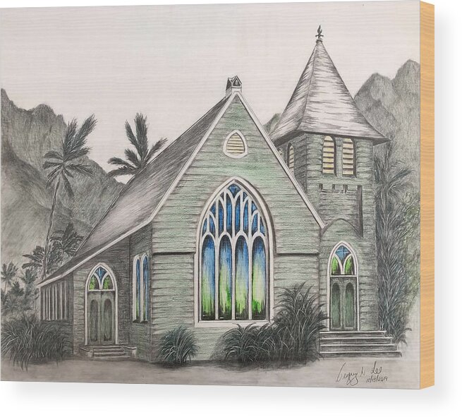 Waioli Huiia Wood Print featuring the drawing Waioli Huiia Church by Gregory Lee