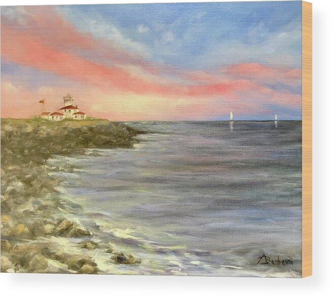 Watch Hill Paintings Wood Print featuring the painting Watch Hill Light House by Anne Barberi