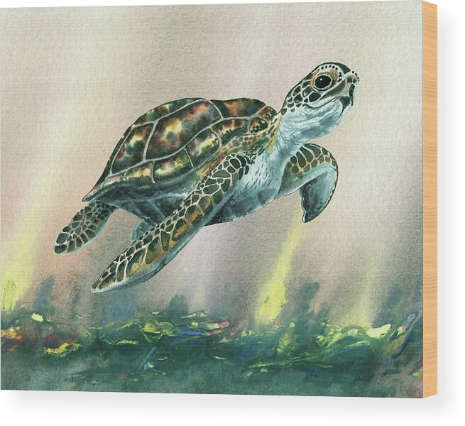 Blue Wood Print featuring the painting Watercolor Giant Sea Turtle by Irina Sztukowski