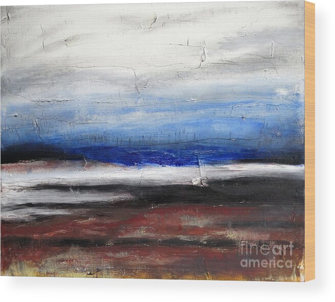 Abstract Art Landscape Sky Cloud Water Sea Shore Land Beach Island Blue White Brown Black Yellow Expression Feeling Texture Wood Print featuring the painting Waterside by Ida Eriksen