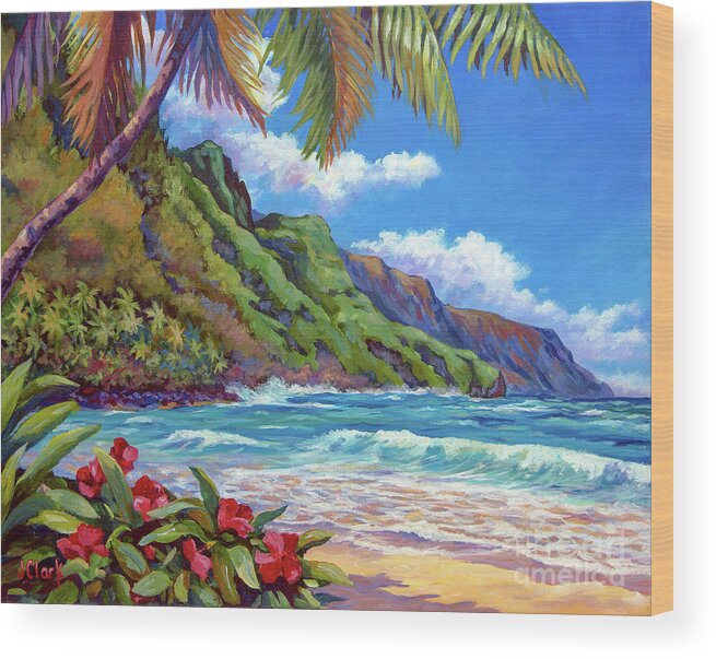 Kauai Wood Print featuring the painting Waves on Na Pali Shore by John Clark
