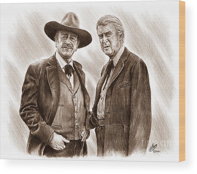 James Stewart Wood Print featuring the drawing Wayne and Stewart sepia ver by Andrew Read
