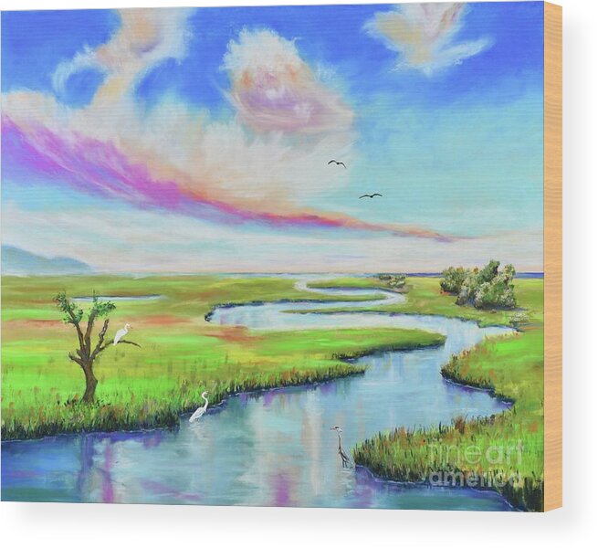 Marsh Wood Print featuring the pastel Wetland Birds by Mary Scott