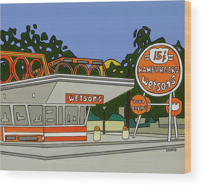 Wetson's Hamburgers French Fries Hamburger Chain Wood Print featuring the painting Wetson's by Mike Stanko