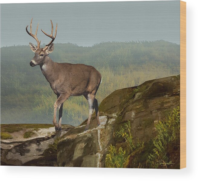 Deer Wood Print featuring the digital art White-tailed Buck at Dawn by M Spadecaller