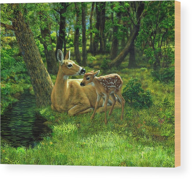 Deer Wood Print featuring the painting Whitetail Deer - First Spring by Crista Forest