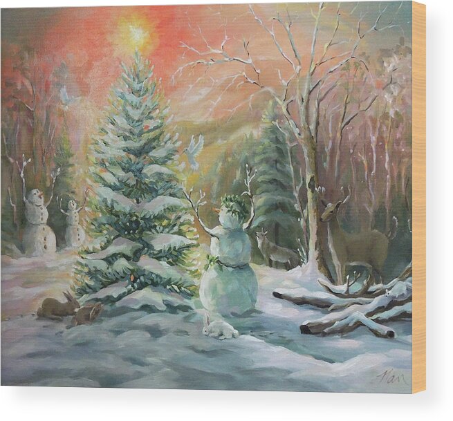 Snowman Wood Print featuring the painting Winter Celebration by Nancy Griswold