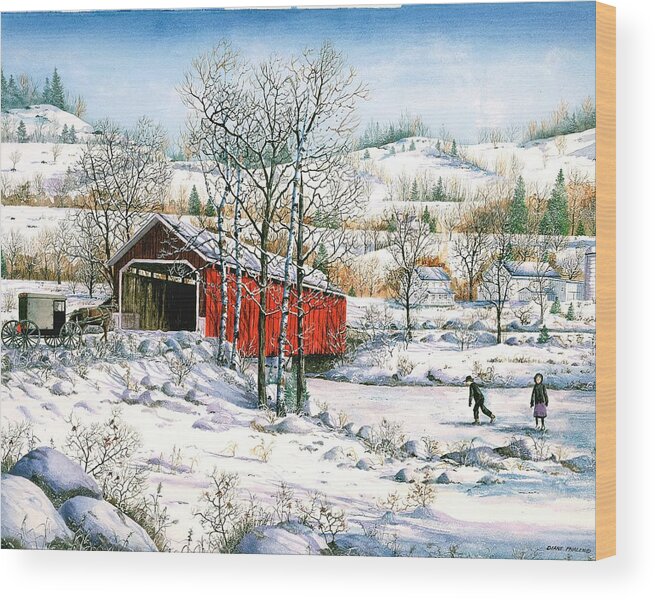 Covered Bridge Wood Print featuring the painting Winter Crossing by Diane Phalen