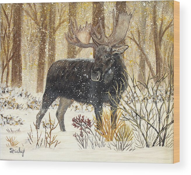 Moose Wood Print featuring the painting Winter Moose by Shirley Dutchkowski