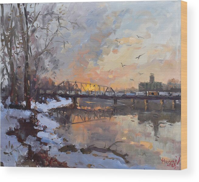 Winter Sunset Wood Print featuring the painting Winter Sunset Scene by Ylli Haruni
